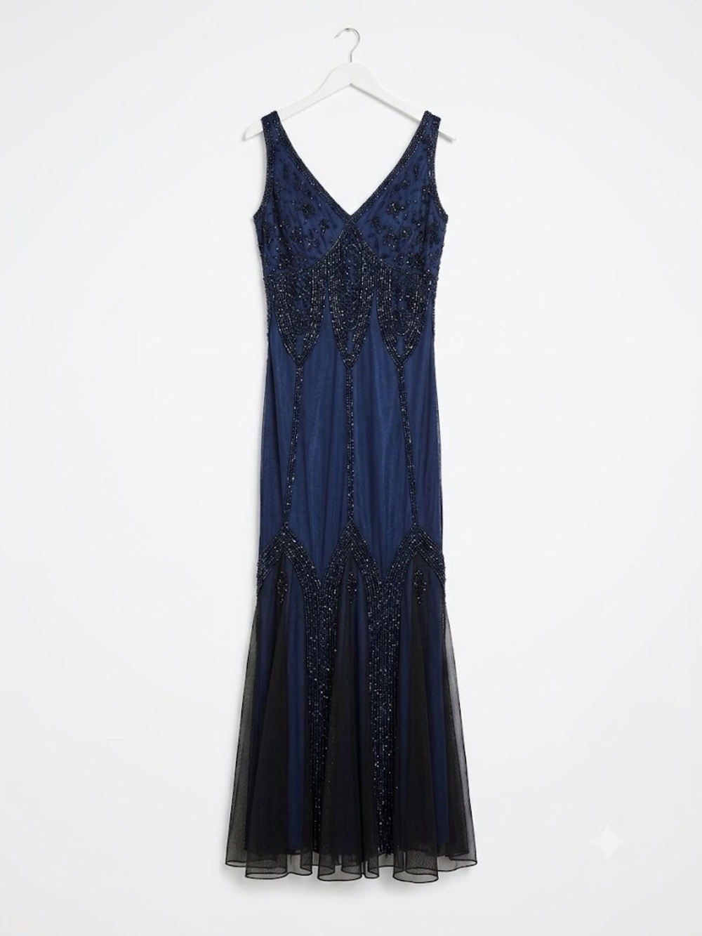 Marina Art Deco geometric beaded mesh overlay navy evening gown size 10